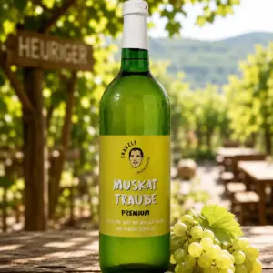 Eine grüne Glasflasche mit Traubensaft von „Franzls Fruchtsäfte“ steht im Fokus auf einem rustikalen Holztisch in einem sonnendurchfluteten Heurigen-Weingarten. Im weich gezeichneten Hintergrund schimmern grüne Weinreben im warmen Nachmittagslicht. Neben der Flasche liegt eine frische Rebe grüner Muskat-Trauben.