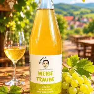 Eine Glasflasche mit weißem Traubensaft von „Franzls Fruchtsäfte“ steht im Fokus auf einem rustikalen Holztisch in einem sonnendurchfluteten Heurigen-Weingarten. Im weich gezeichneten Hintergrund schimmern grüne Weinreben im warmen Nachmittagslicht. Neben der Flasche liegt eine frische Rebe grüner Trauben.