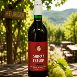 Eine Glasflasche mit Shiraz Traubensaft von „Franzls Fruchtsäfte“ steht im Fokus auf einem rustikalen Holztisch in einem sonnendurchfluteten Heurigen-Weingarten. Im weich gezeichneten Hintergrund schimmern grüne Weinreben im warmen Nachmittagslicht. Neben der Flasche liegt eine frische Rebe grüner Trauben.