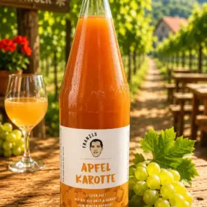 Eine Glasflasche mit Apfel-Karotten-Saft von „Franzls Fruchtsäfte“ steht im Fokus auf einem rustikalen Holztisch in einem sonnendurchfluteten Heurigen-Weingarten. Im weich gezeichneten Hintergrund schimmern grüne Weinreben im warmen Nachmittagslicht. Neben der Flasche liegt eine frische Rebe grüner Trauben.
