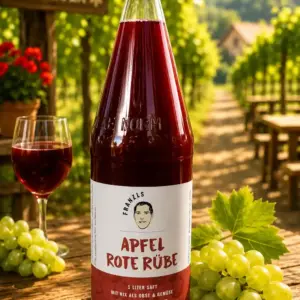 Eine Glasflasche mit Apfel-Rote Rüben-Saft von „Franzls Fruchtsäfte“ steht im Fokus auf einem rustikalen Holztisch in einem sonnendurchfluteten Heurigen-Weingarten. Im weich gezeichneten Hintergrund schimmern grüne Weinreben im warmen Nachmittagslicht. Neben der Flasche liegt eine frische Rebe grüner Trauben.