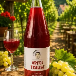 Eine Glasflasche mit Apfel Traube Saft von „Franzls Fruchtsäfte“ steht im Fokus auf einem rustikalen Holztisch in einem sonnendurchfluteten Heurigen-Weingarten. Im weich gezeichneten Hintergrund schimmern grüne Weinreben im warmen Nachmittagslicht. Neben der Flasche liegt eine frische Rebe grüner Trauben.