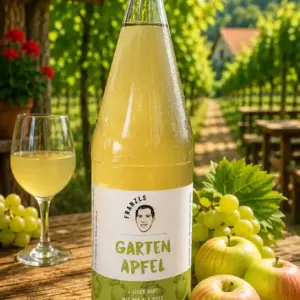 Eine Glasflasche mit Gartenapfel-Saft von „Franzls Fruchtsäfte“ steht im Fokus auf einem rustikalen Holztisch in einem sonnendurchfluteten Heurigen-Weingarten. Im weich gezeichneten Hintergrund schimmern grüne Weinreben im warmen Nachmittagslicht. Neben der Flasche liegen Äpfel eine frische Rebe grüner Trauben.