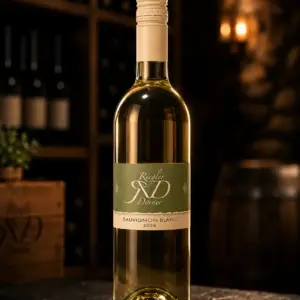 Weinflasche Sauvignon blanc Jahrgang 2024 auf einer edlen schwarzen Schieferplatte in einem Weinkeller.