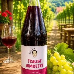 Eine Glasflasche mit Traube Himbeer Saft von „Franzls Fruchtsäfte“ steht im Fokus auf einem rustikalen Holztisch in einem sonnendurchfluteten Heurigen-Weingarten. Im weich gezeichneten Hintergrund schimmern grüne Weinreben im warmen Nachmittagslicht. Neben der Flasche liegt eine frische Rebe grüner Trauben.