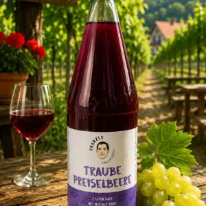 Eine Glasflasche mit Traube Preiselbeer Saft von „Franzls Fruchtsäfte“ steht im Fokus auf einem rustikalen Holztisch in einem sonnendurchfluteten Heurigen-Weingarten. Im weich gezeichneten Hintergrund schimmern grüne Weinreben im warmen Nachmittagslicht. Neben der Flasche liegt eine frische Rebe grüner Trauben.
