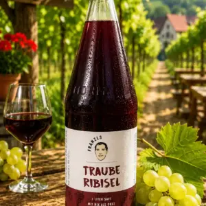 Eine Glasflasche mit Traube Ribisel Saft von „Franzls Fruchtsäfte“ steht im Fokus auf einem rustikalen Holztisch in einem sonnendurchfluteten Heurigen-Weingarten. Im weich gezeichneten Hintergrund schimmern grüne Weinreben im warmen Nachmittagslicht. Neben der Flasche liegt eine frische Rebe grüner Trauben.