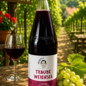 Eine Glasflasche mit Traube Weichsel Saft von „Franzls Fruchtsäfte“ steht im Fokus auf einem rustikalen Holztisch in einem sonnendurchfluteten Heurigen-Weingarten. Im weich gezeichneten Hintergrund schimmern grüne Weinreben im warmen Nachmittagslicht. Neben der Flasche liegt eine frische Rebe grüner Trauben.