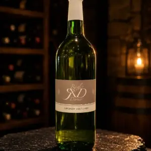 Weinflasche Grüner Veltliner auf einer edlen schwarzen Schieferplatte in einem Weinkeller.