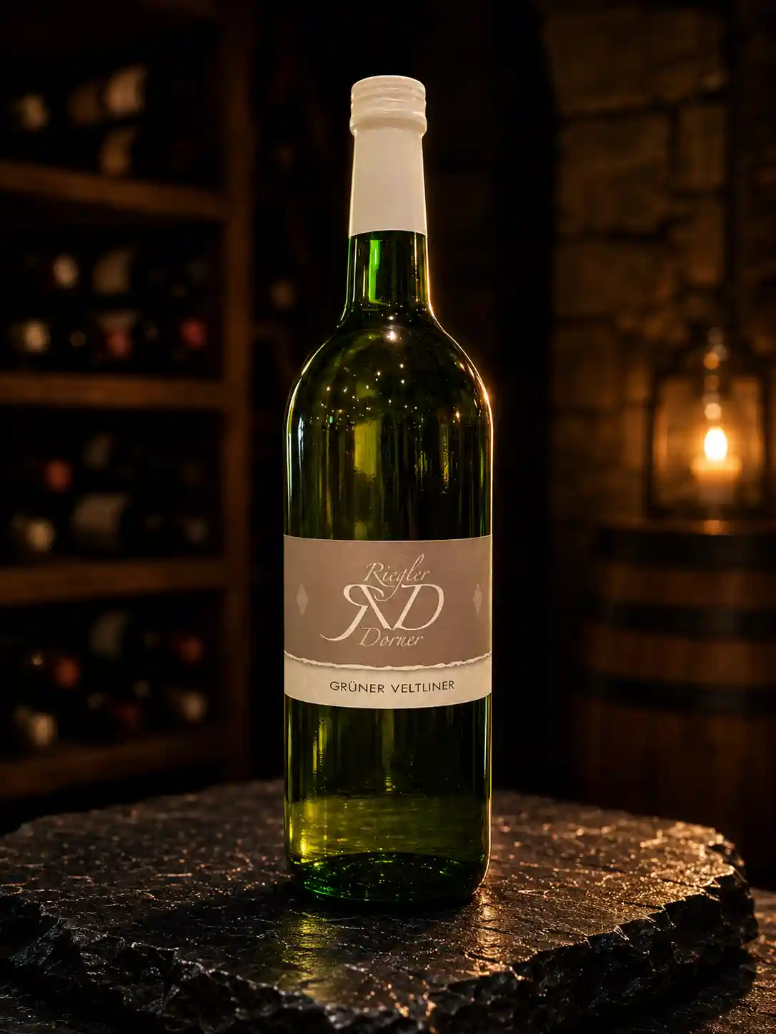Weinflasche Grüner Veltliner auf einer edlen schwarzen Schieferplatte in einem Weinkeller.